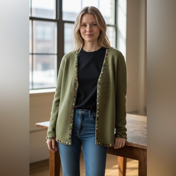 Vintage Carroll Reed Large Green Button Front Wool Cardigan w/ Yarn Pom Details. - Picture 1 of 6